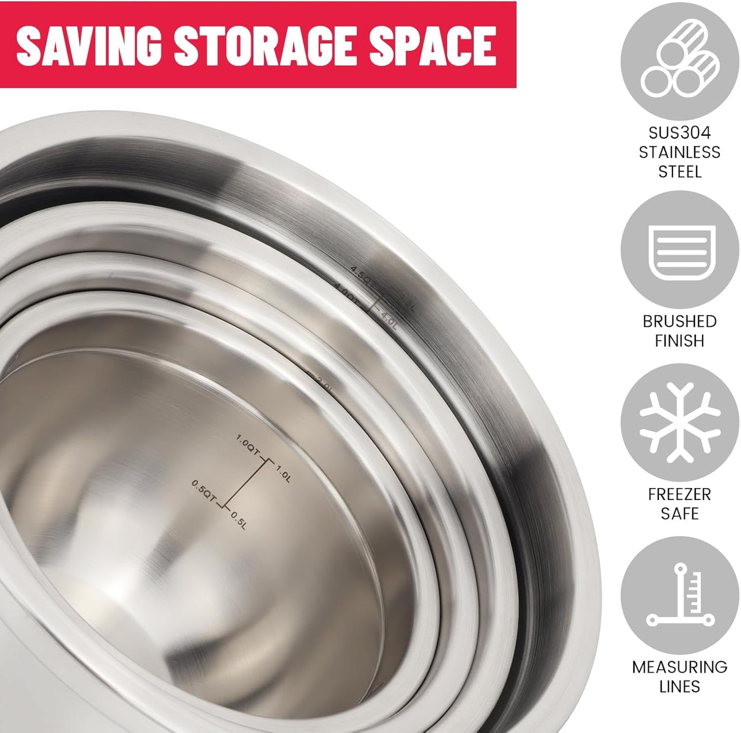 MARSKITOP Stainless Steel Mixing Bowls with Lids Set, Nesting Mixing Bowls with Airtight Lids, Measurement Marks and Red Non-Slip Bottoms, Great for Mixing and Serving, Size 5, 3, 2, 1.5QT