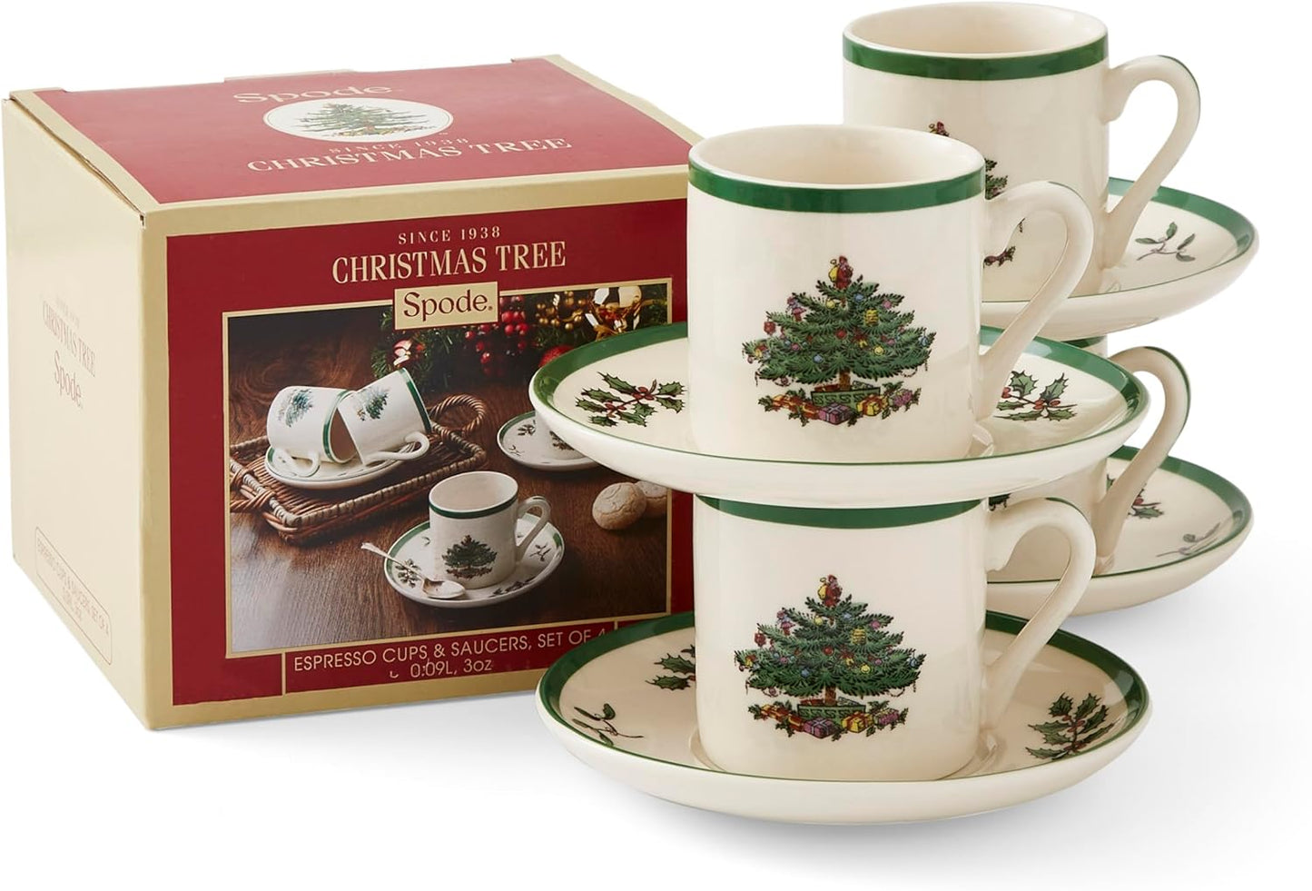 Spode Christmas Tree Espresso Cup & Saucer Set (Set of 4) - Festive 3 Ounce Coffee Mugs with Saucers, Fine Earthenware for Espresso, Holiday Gift & Christmas Décor - Dishwasher & Microwave Safe