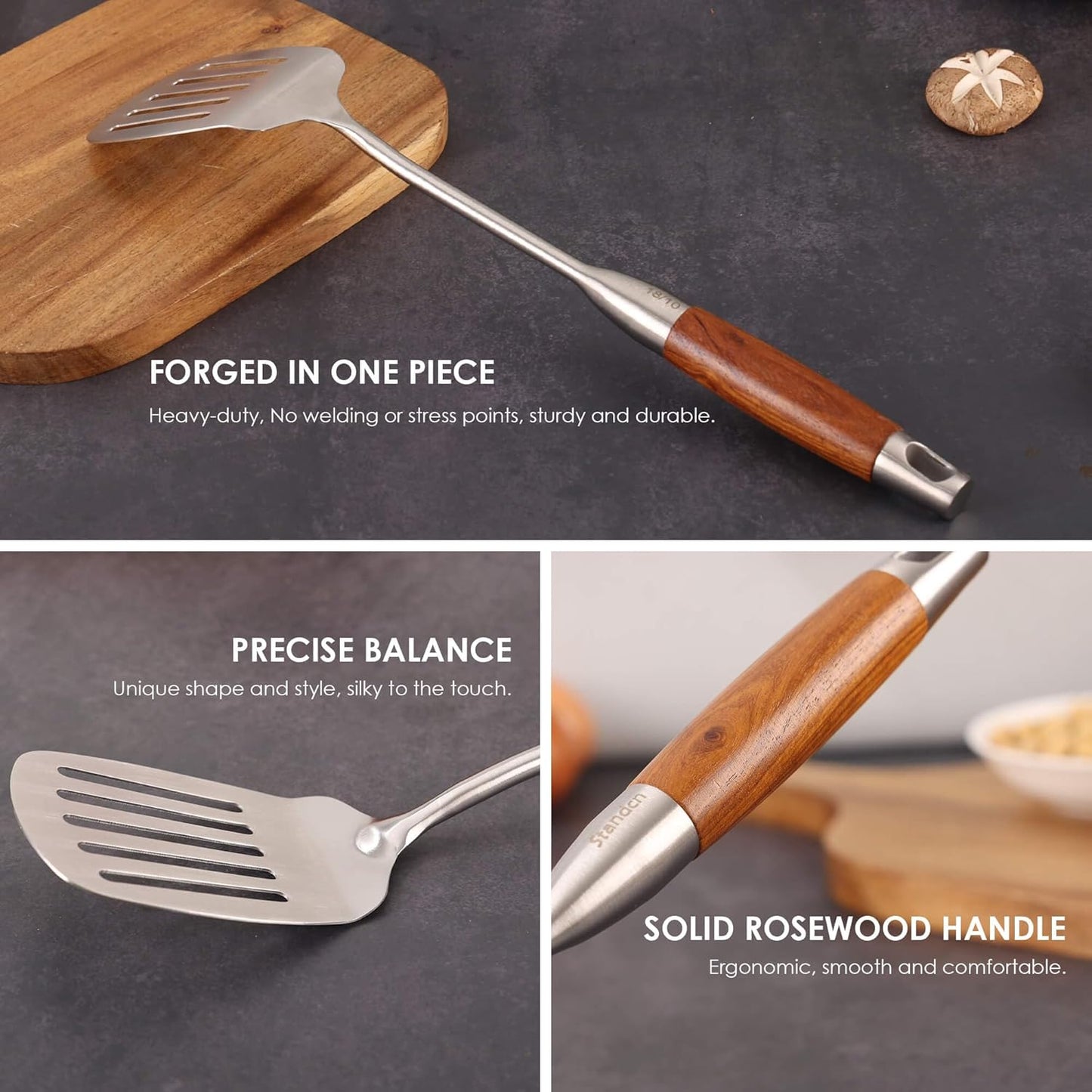 18/10 Stainless Steel Kitchen Utensils Set with Wood Handle - 15”Metal Cooking Tools & Serving Utensil, 8-Pieces Cooking Spoons Set - Spatula, Ladle, Skimmer, Turner, Pasta, Solid Spoon, Slotted Spoon