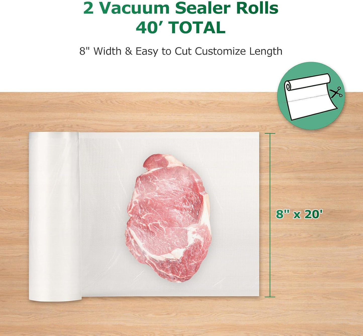 FRESKO 8"x20' Vacuum Sealer Bags for Food, 2 Rolls Customized Size Storage Bags with BPA Free, Heavy Duty Food Bags for Meal Prep and Sous Vide Cooking