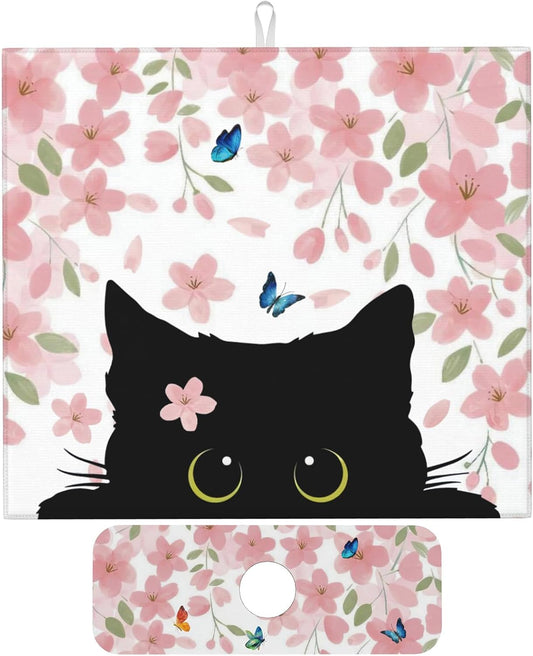 Flowers Black Cat Butterfly Dish Drying Mat for Kitchen Counter, 16"x18" Microfiber Absorbent Fast Dry Mat, 2Pcs Dish Mat Faucet Mats Sets, Large Drying Kitchen Mat Kitchen Drying Pad Coffee Bar Decor