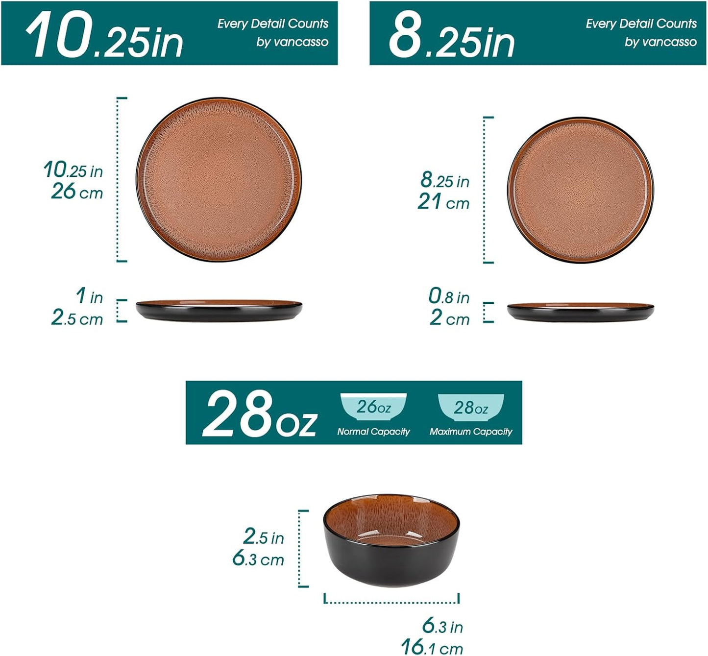 vancasso Plates and Bowls Sets, 18 Pieces Stoneware Dinnerware Sets for 6, Kitchen Dish Set Mircowave and Dishwasher Safe Dinner Set Ceramic Dishware, Brown, Series AMBER