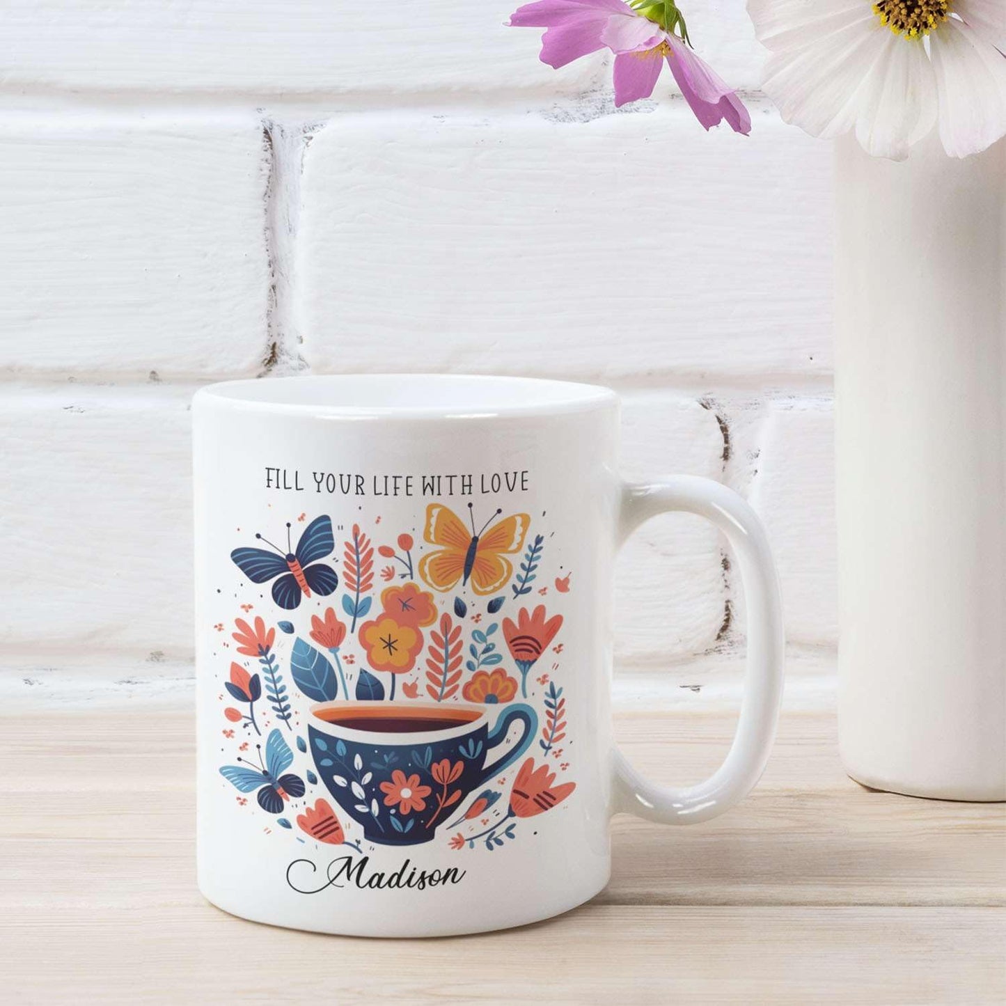 Great Personalized Name On Fill Your Life With Love Travel Mug, Customized White Ceramic Animal Cup Gift For Friends, Custom Butterfly Coffee Mug On Special Occasions 11oz 15oz