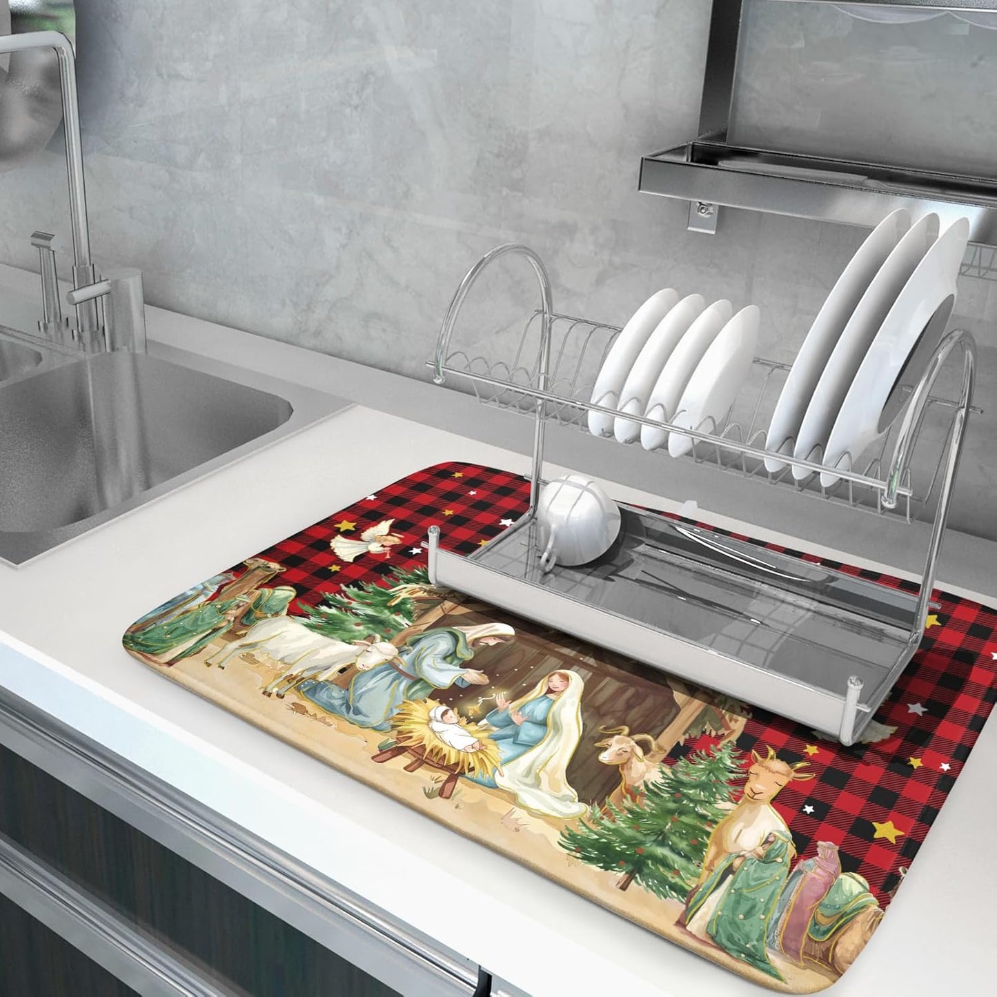 Xmas Dish Drying Mats 18x24 Inch, Red Black Vintage Buffalo Plaid Microfiber Absorbent Dishes Drainer Rack Tableware Protector Pad for Kitchen Counter Home Decor