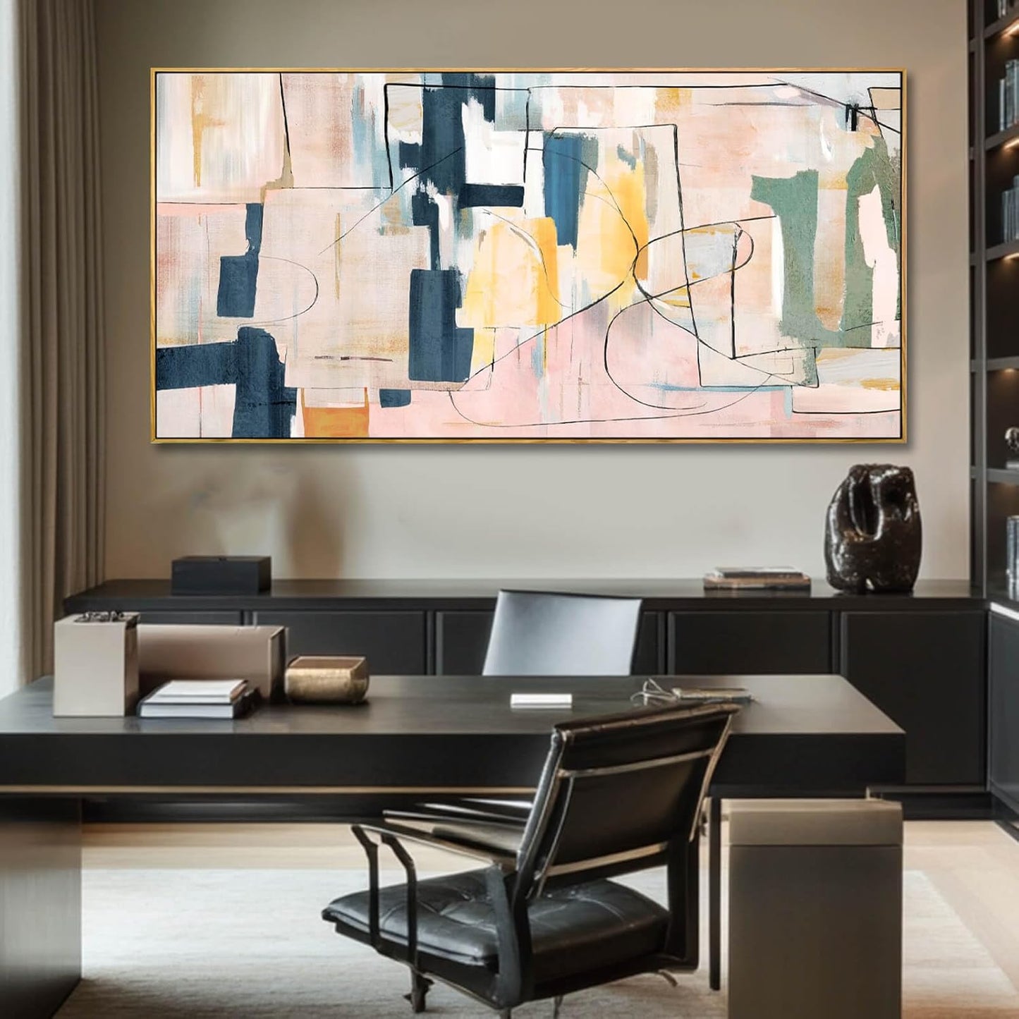 Pink Abstract Painting Large Wall Art Living Room Decor Blue Canvas Print Line Artwork Home Office Decoration 29x58 Inch