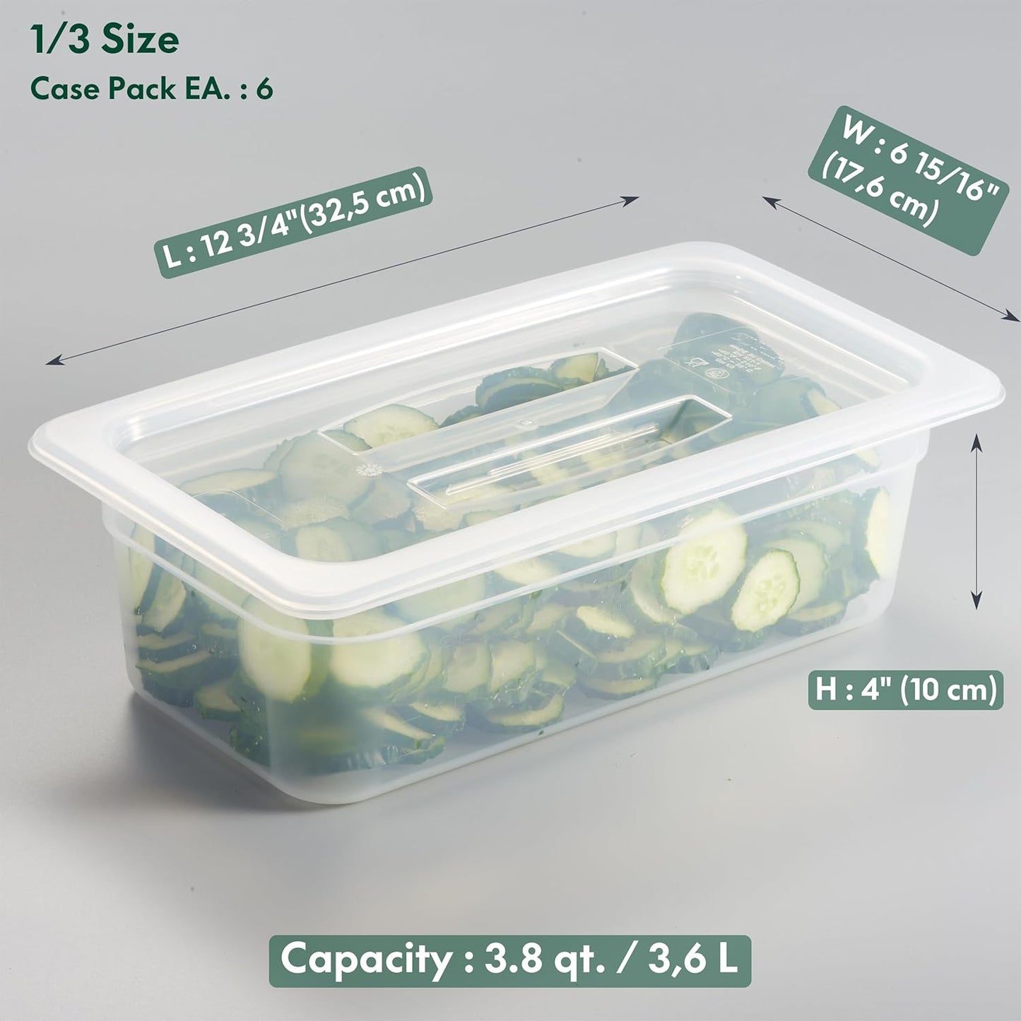 CURTA 6-Pack 1/3 Size 4" Deep Food Pan with Handled Lid – NSF Listed Commercial-Grade Translucent Polypropylene, Stackable Freezer-safe Storage for Restaurants, Catering & Buffets