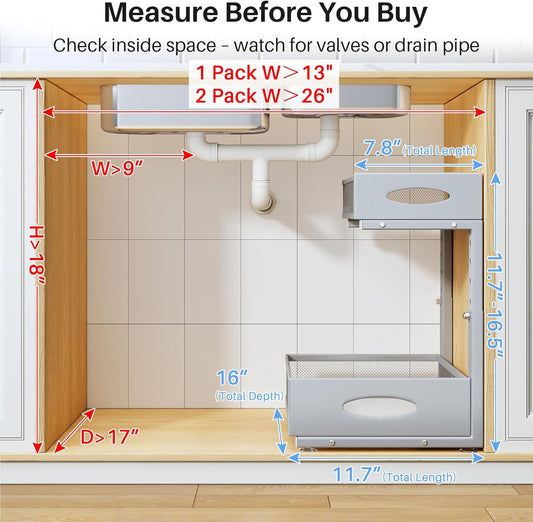 Under Sink Organizer, 2 Pack 2 Tier Pull Out Under Cabinet Organizer Shelf with Pad for Framed Cabinets, Metal Slide Out Under Sink Storage, Mesh Sliding Drawers for Kitchen Bathroom Laundry, Grey