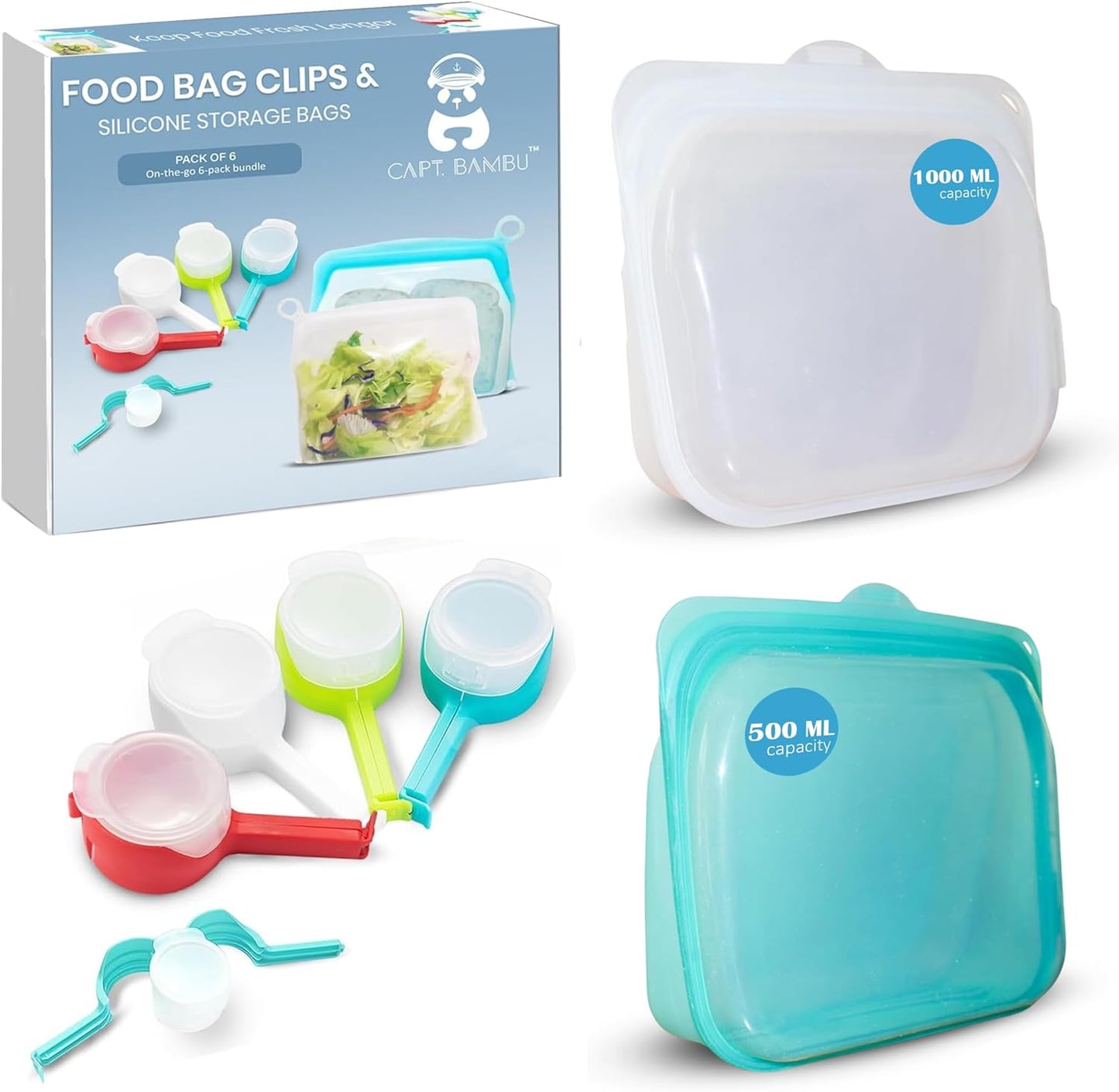 Silicone Food Storage Bags & Bag Clips with Pour Spout - Pack of 6 - Reusable, BPA-Free, Leak Proof Zip Bags – Freezer, Microwave & Dishwasher Safe – Airtight Food Storage & Sealing Clips for Snacks