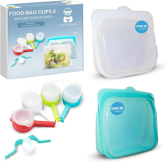 Silicone Food Storage Bags & Bag Clips with Pour Spout - Pack of 6 - Reusable, BPA-Free, Leak Proof Zip Bags – Freezer, Microwave & Dishwasher Safe – Airtight Food Storage & Sealing Clips for Snacks