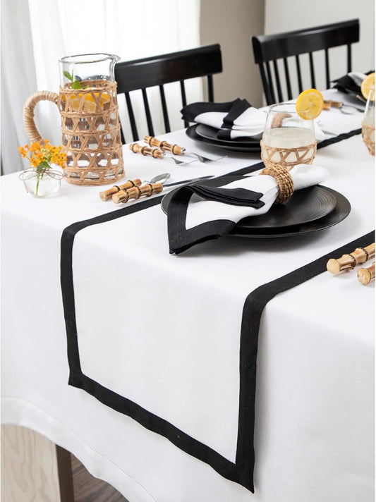 Solino Home Linen Table Runner 108 Inches Long - Black and White 100% Pure Linen 14 x 108 Inch Table Runner for Dining, Fall, Autumn, Halloween, Thanksgiving, Holiday - Classic