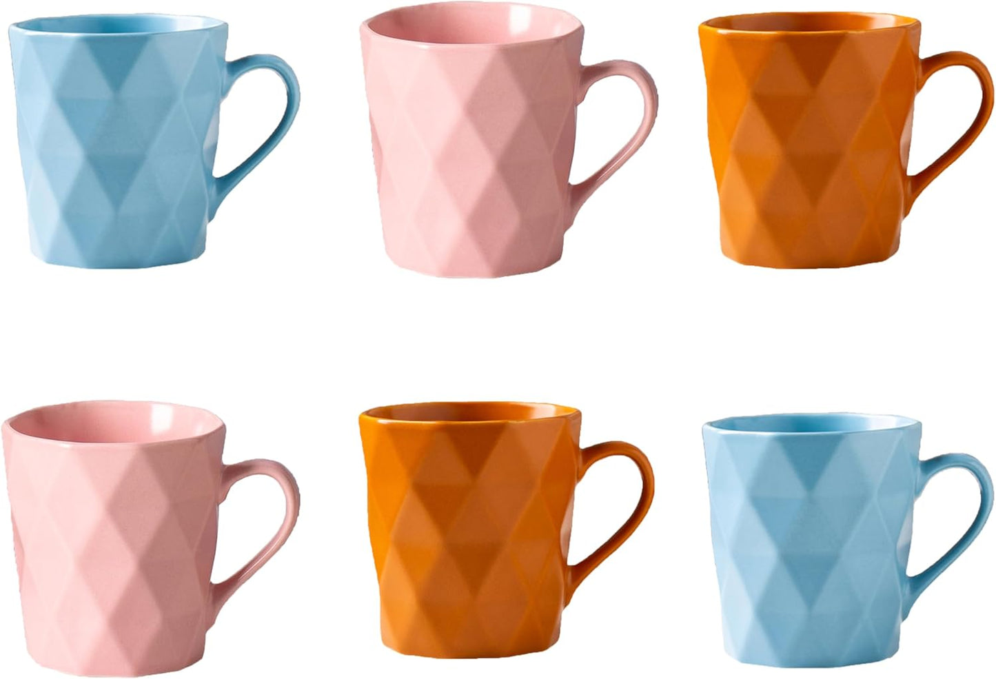11 Ounce Porcelain Mugs, Set of 6, Tea and Cocoa Mug Set, Matte (2Orange, 2Blue, 2Pink)