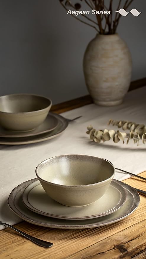 Famiware Aegean Plates and Bowls Sets, Dinnerware Set for 4, 12-Piece Stoneware Scratch Resistant Dinner Set, Handmade Irregular Round Dishes, Microwave and Dishwasher Safe, Matte Grey Green