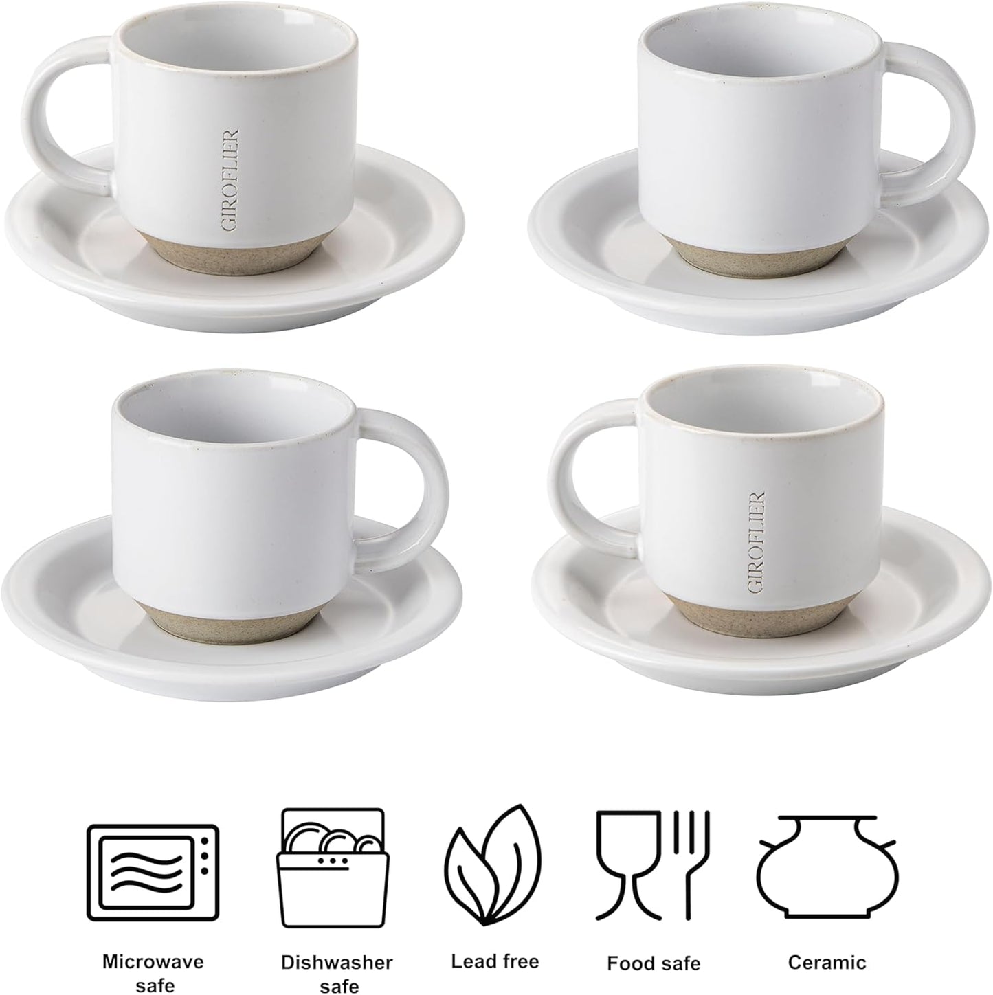 Oak Espresso Cups Set of 4, 3 oz Demitasse Cups, Modern Style, Microwave & Dishwasher Safe (Snow)