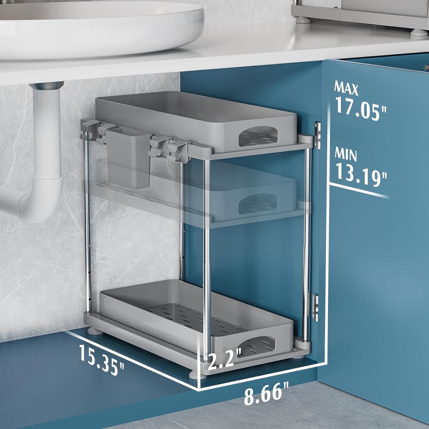 2 Pack Adjustable Gray Under Sink Organizers, 2 Tier Pull Out Storage, Kitchen Bathroom Office Laundry Room Living Room