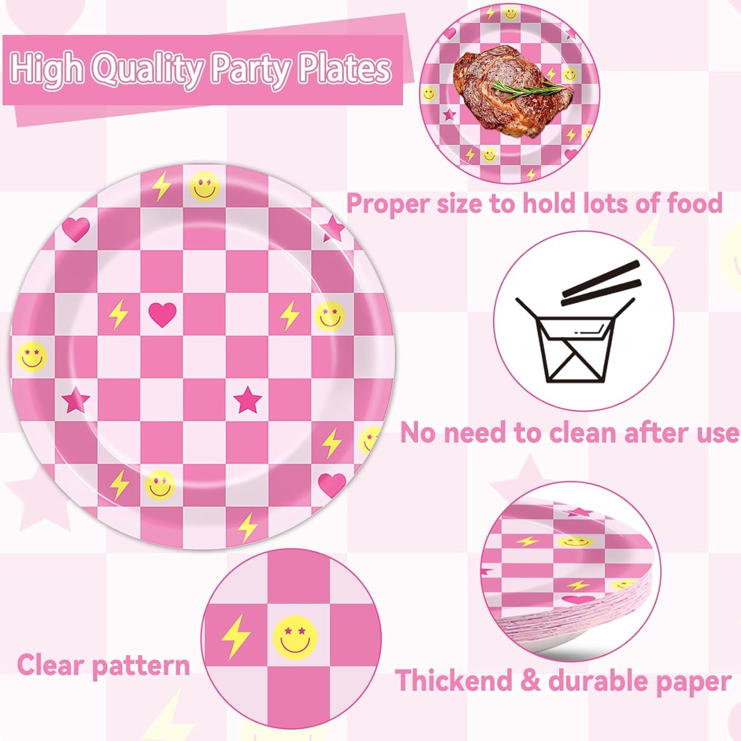 200Pcs Preppy Party Supplies Pink Smile Face Paper Plates Napkins Preppy Smile Face Party Tableware Set Dinnerware for Birthday Bachelor Baby Shower Decoration Serve 50