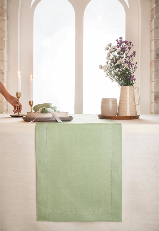 D'Moksha Homes Linen Sage Green Table Runner 60 Inches - Classic Hemstitch, 100% Pure Linen Coffee Table Runner 14 x 60 Inch Ideal for Dresser Tables - Fall, Autumn and Halloween