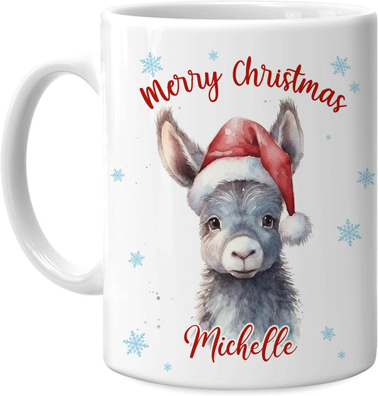 Hyturtle Personalized Gifts Donkey Lover - Donkey Wearing Santa Hat Custom Name Ceramic Coffee Mug Cup 11oz - Cute Animal Lovers Gifts For Women, Girl kids Family On Birthday, Christmas