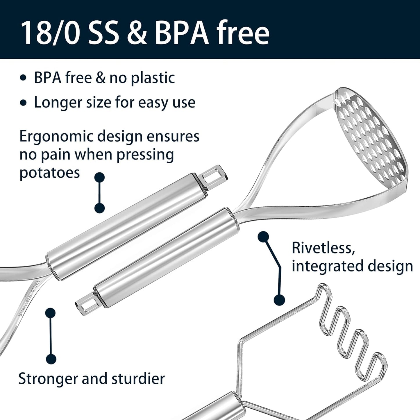 18/0 Stainless Steel Potato Mashers, 10.7-in Kitchen Masher Tool for Avocado Vegetable Sauce Butter, Heavy Duty, Dishwasher Safe, Pack of 2