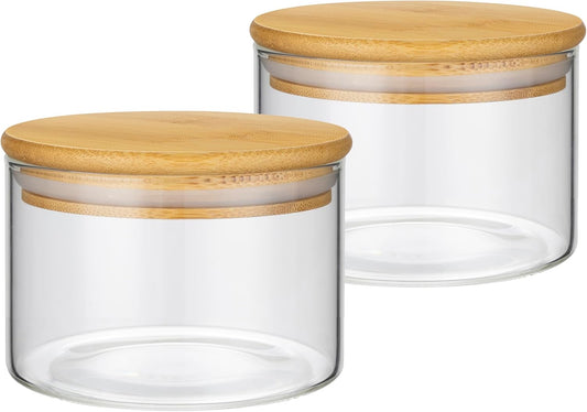 2PCS Small Glass Storage Jars with Airtight Lids,11 fl oz (330ml) Cute Clear Storage container with bamboo Lid,Glass Pantry Canister for Beans, Rice,Sugar,Cookie Coffee(N-Clear-2PCS-11FL OZ/330ML)