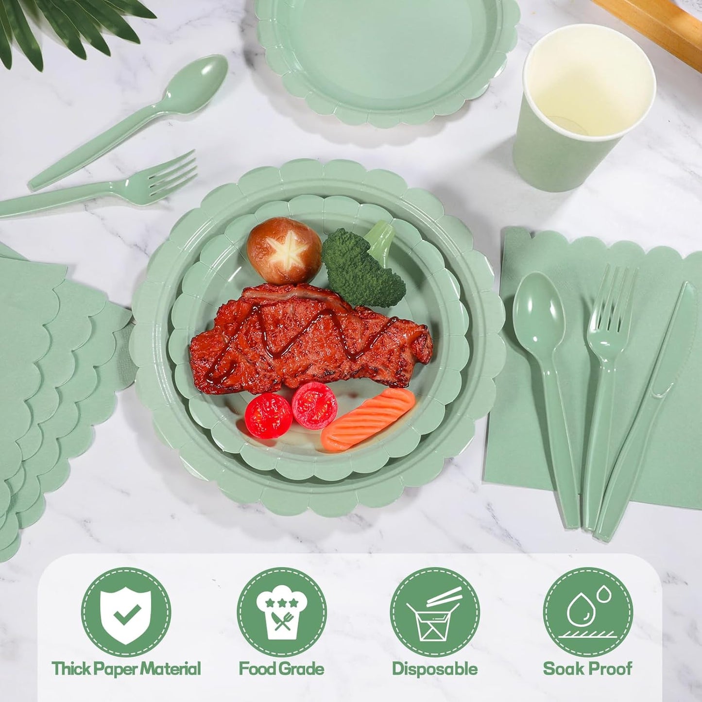 350 Pcs Sage Green Paper Plates and Napkins, Sage Green Party Supplies Include Green Scalloped Plate Paper Napkin Cup Plastic Cutlery for Baby Shower, Wedding, Birthday