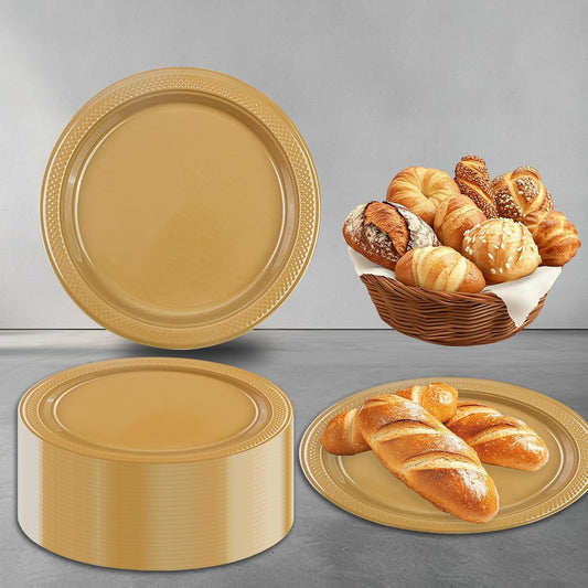 100pcs 7 Inch Elegant Gold Plastic Plates Disposable Dessert Plates - Heavy Duty Gold Dinner Plates for Birthday, Wedding,Valentines Party Supplies