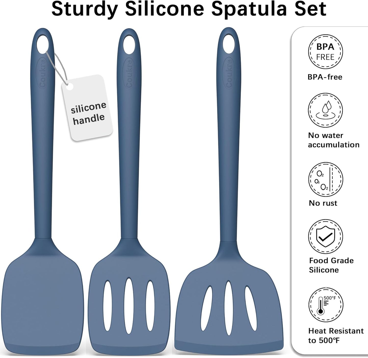 Coukre Silicone Spatula Set of 3, High Heat Resistant, BPA-Free, Kitchen Utensils, Fish Spatula, Solid & Slotted Turner for Non-Stick Pans, Flipping Eggs, Pancakes, Fish, Burgers (3, PureDarkBlue)