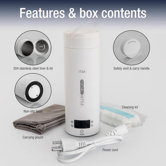 ITSA Travel Electric Kettle 500ml Portable Stainless Steel Water Boiler with Temperature Control & Auto Shut Off – Mini Electric Kettle for Coffee, Tea & Hot Water, BPA-Free