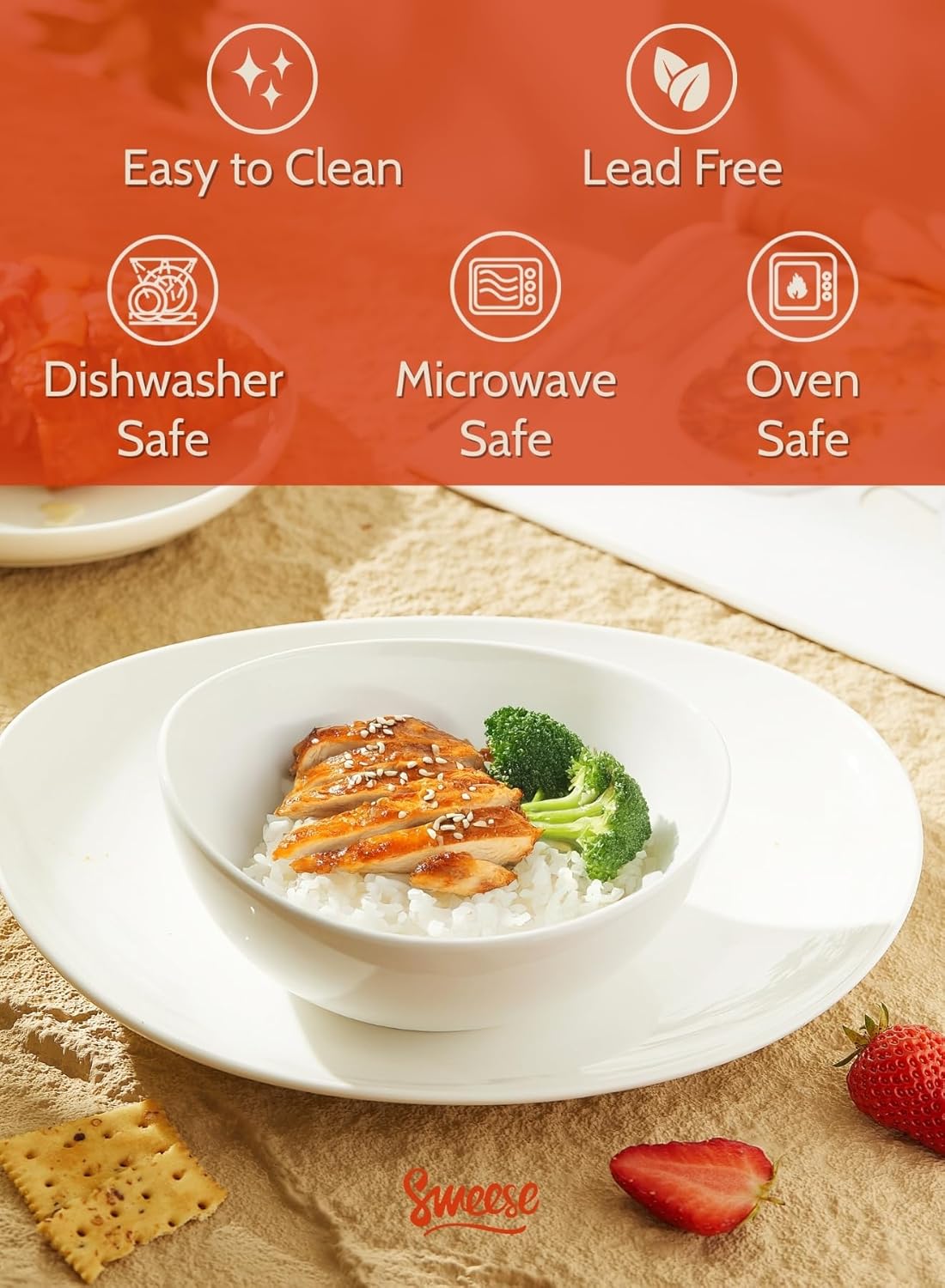 Sweese Porcelain Bowls Set of 4-18oz, 6 Inch, Versatile for Soup, Cereal, Fruit, Rice - Microwave, Dishwasher, Oven Safe, White