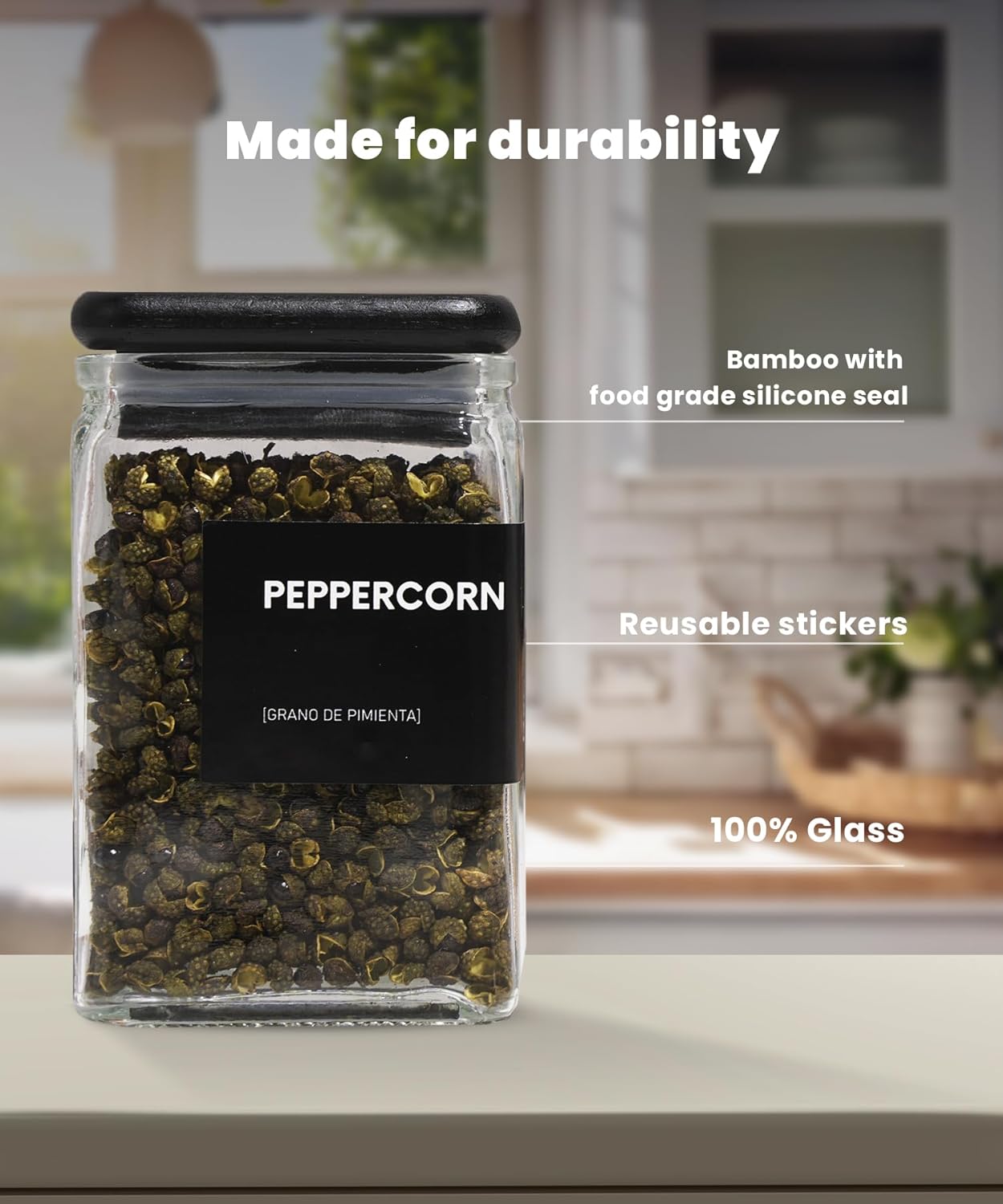 APT 1101 Glass Square Spice Jars with Labels, 4oz Glass Jars with Bamboo Lids, Spice Bottles, Seasoning Organizer, 12 Pack (Black)