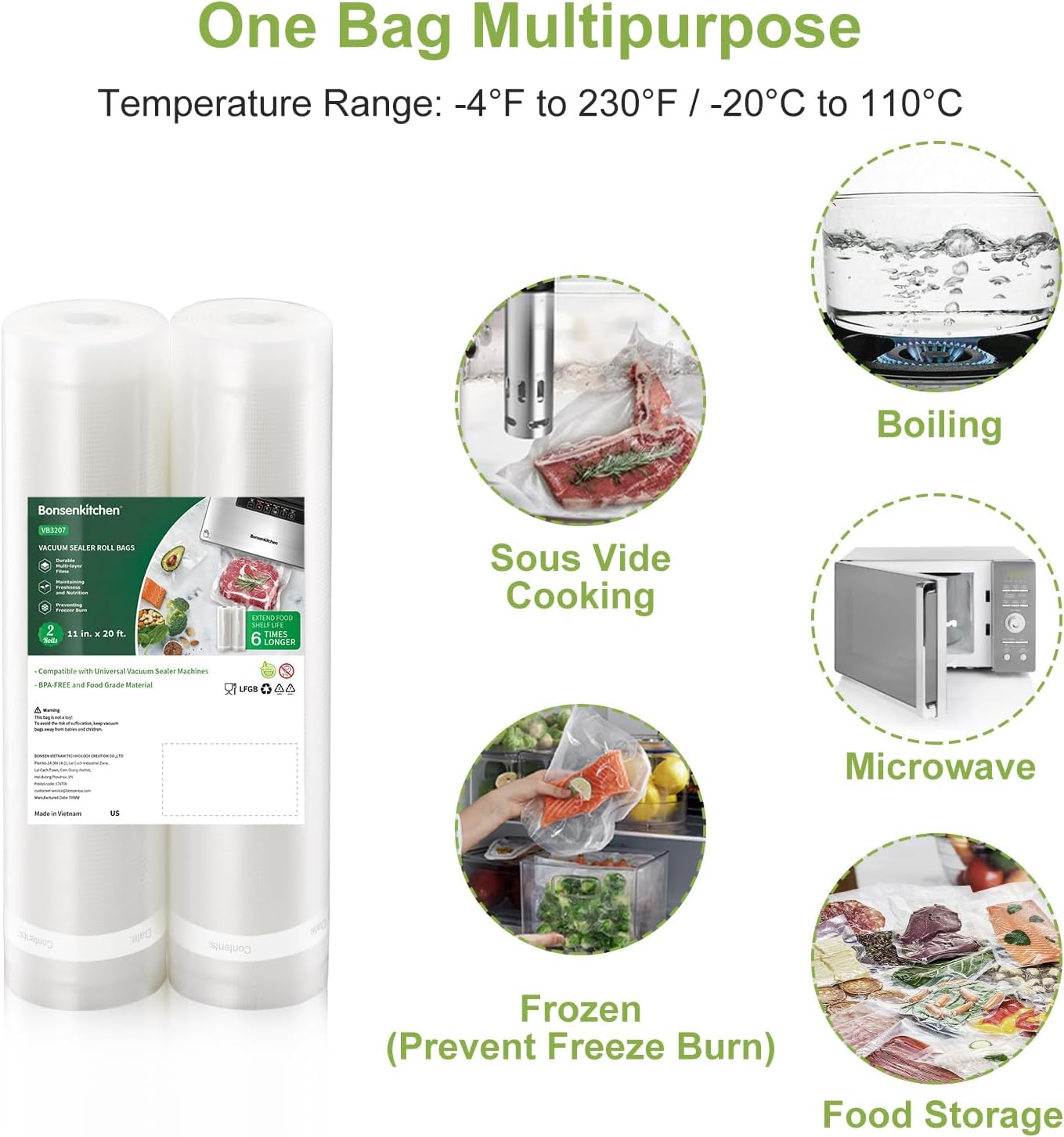 Bonsenkitchen Vacuum Sealer Bags, 11" x 20' Rolls 2 Pack for Food Storage Saver, Bpa Free, Heavy Duty, Commercial Grade Textured Food Roll, Customized Size Bag for Sous Vide Cooking, VB3207