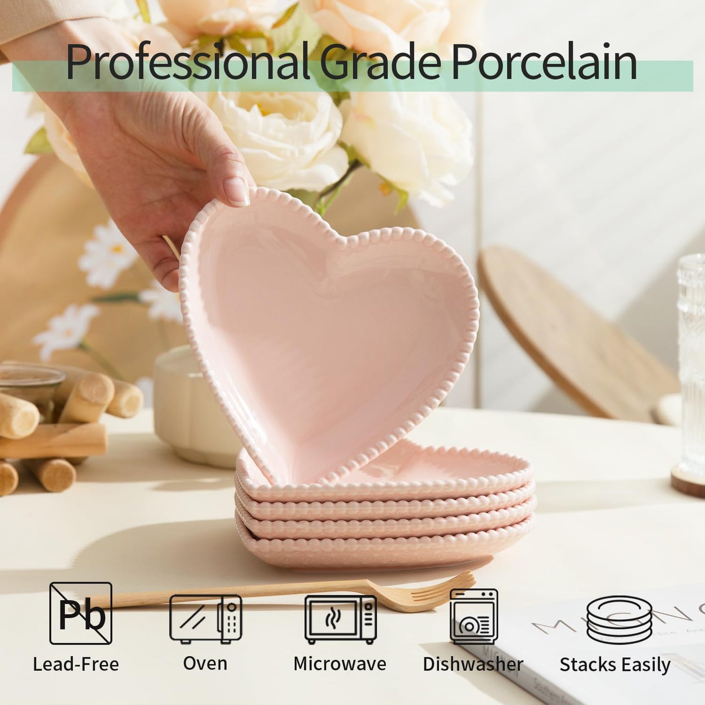 OMAYKEY 6.3 Inch Ceramic Dessert Plates, Small Salad Plates, Porcelain Heart Shaped Appetizer Plates, Dinner Plates for Cake, Snack, Ice Cream, Microwave, Oven, Dishwasher Safe, Pink - Set of 10