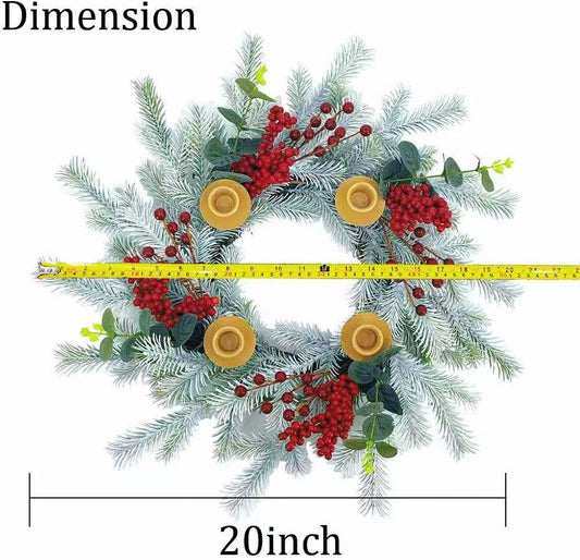 20Inch Christmas Cedar Candle Wreath for Front Door, Artificial Advent Candle Holder with Red Berries Greenery Leaves for Holiday Tabletop Wall Window Porch Candle Decor