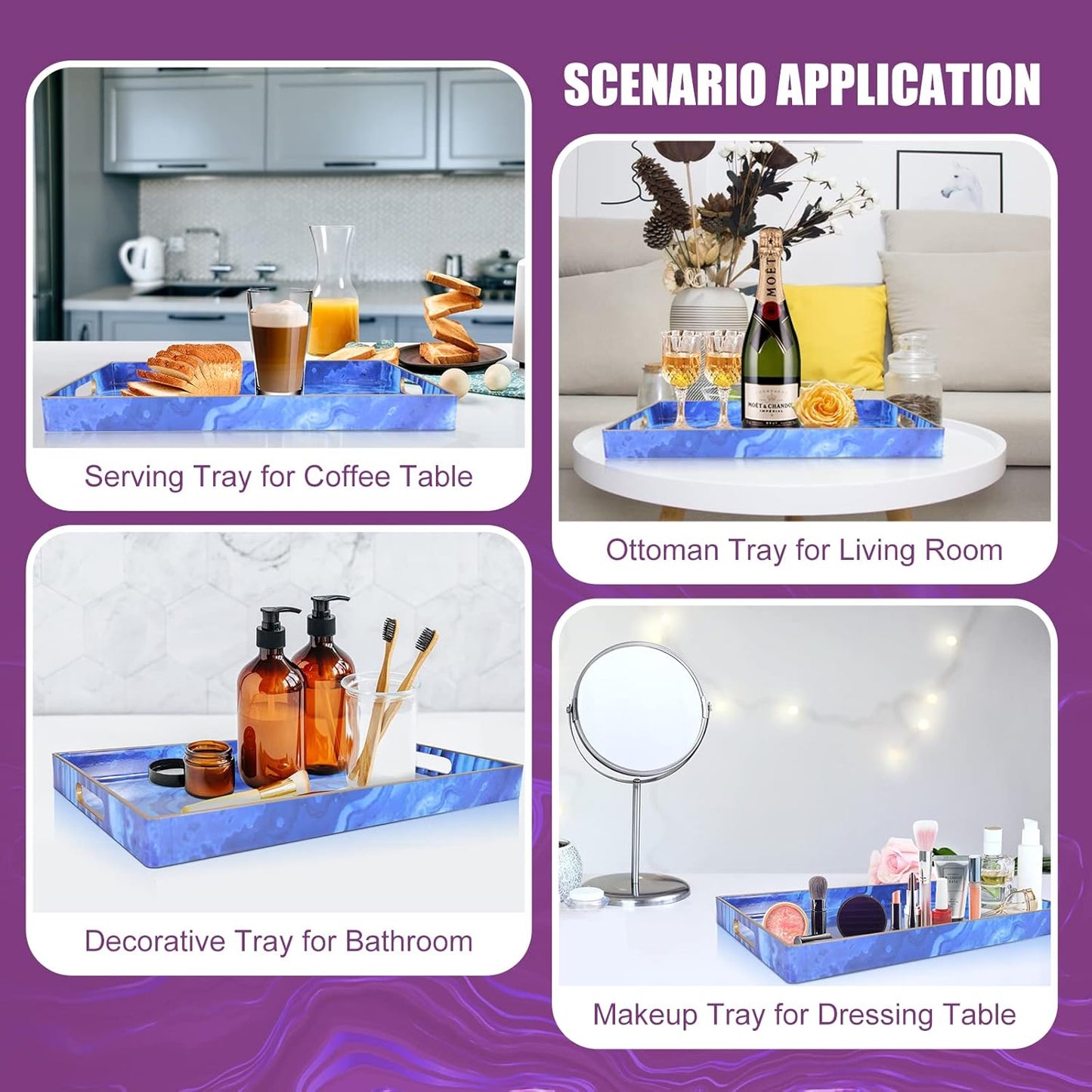 Gifturbo Blue Marble Serving Tray,Decorative Serving Trays with Handles,Coffee Table Tray Ottoman Rectangular Plastic Trays with Gold Rim for Living Room, Bathroom,15.7 x 10.2 x1.37 inches