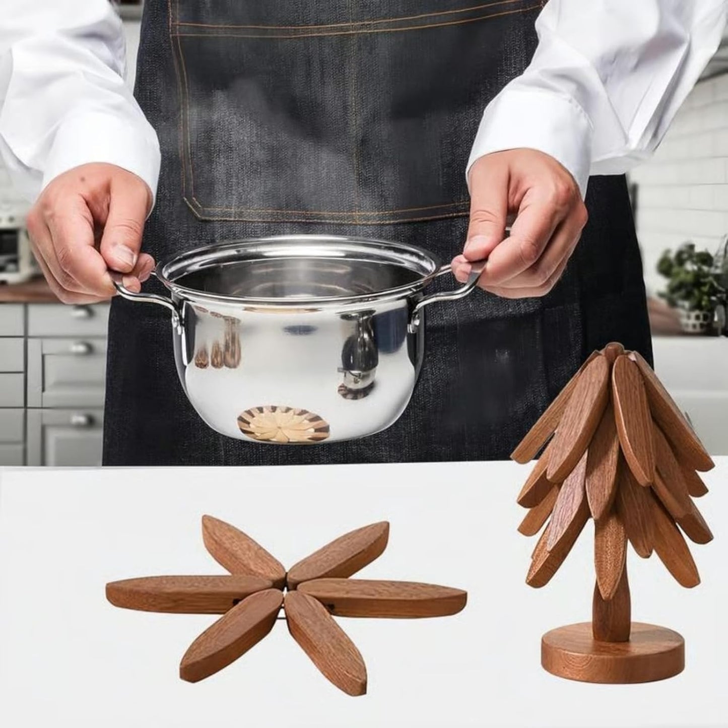 Walnut Wood Tree Trivet Set, Wooden Trivets for Hot Dishes-Tree Shape Trivet Set, Foldable Kitchen WoodenTrivet,for HotDishes Pot Bowl Teapot Hot Pot Holder (Walnut-4 Bracket)