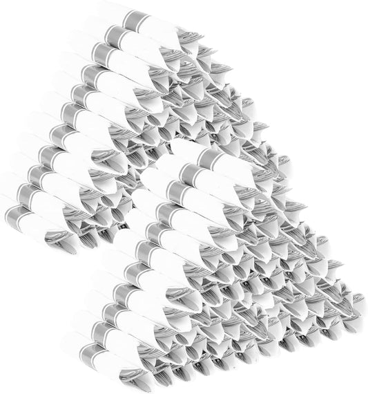 Pre Rolled Plastic Cutlery - Silver Disposable Plastic Silverware, 100 Pack Wrapped Silverware, Disposable Rolled Utensils with 100 Forks Knives Spoons Dinner Napkins for Party