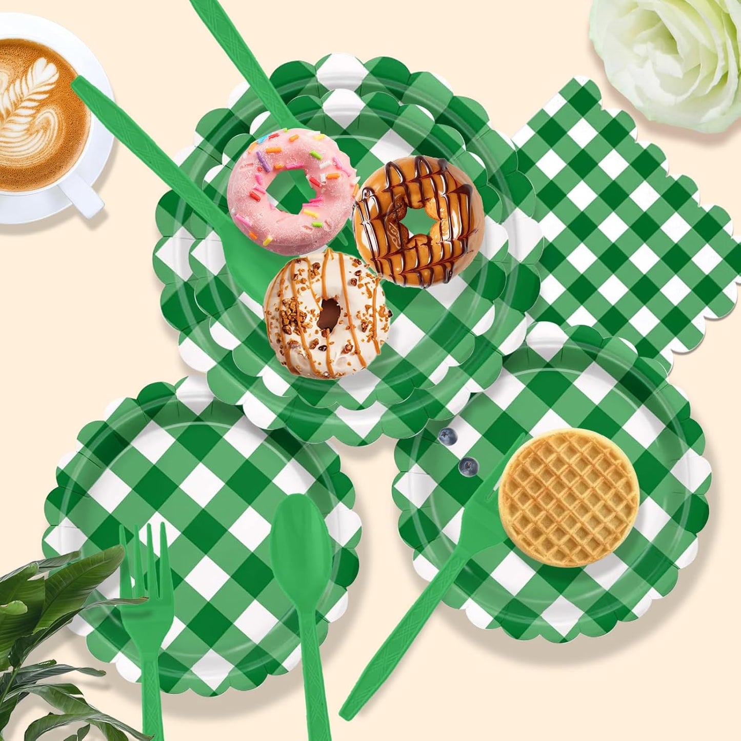 192 PCS Gingham Party Supplies Serve 24 Guests Gingham Plates and Napkins and Cups for Birthday Decorations Baby Shower Checkered Party Dinnerware Sets for Girl Boy Dark Sage Green Christmas