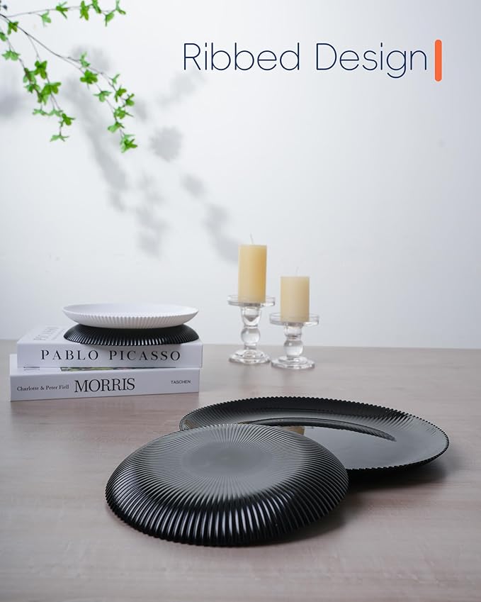 Dinnerware Sets for 4, 12 Pieces Opal Glass Plates and Bowls Set, Dishwasher and Microwave Safe Ribbed Dish Dinning Ware, Chip and Scratch Resistant Dishware, Black