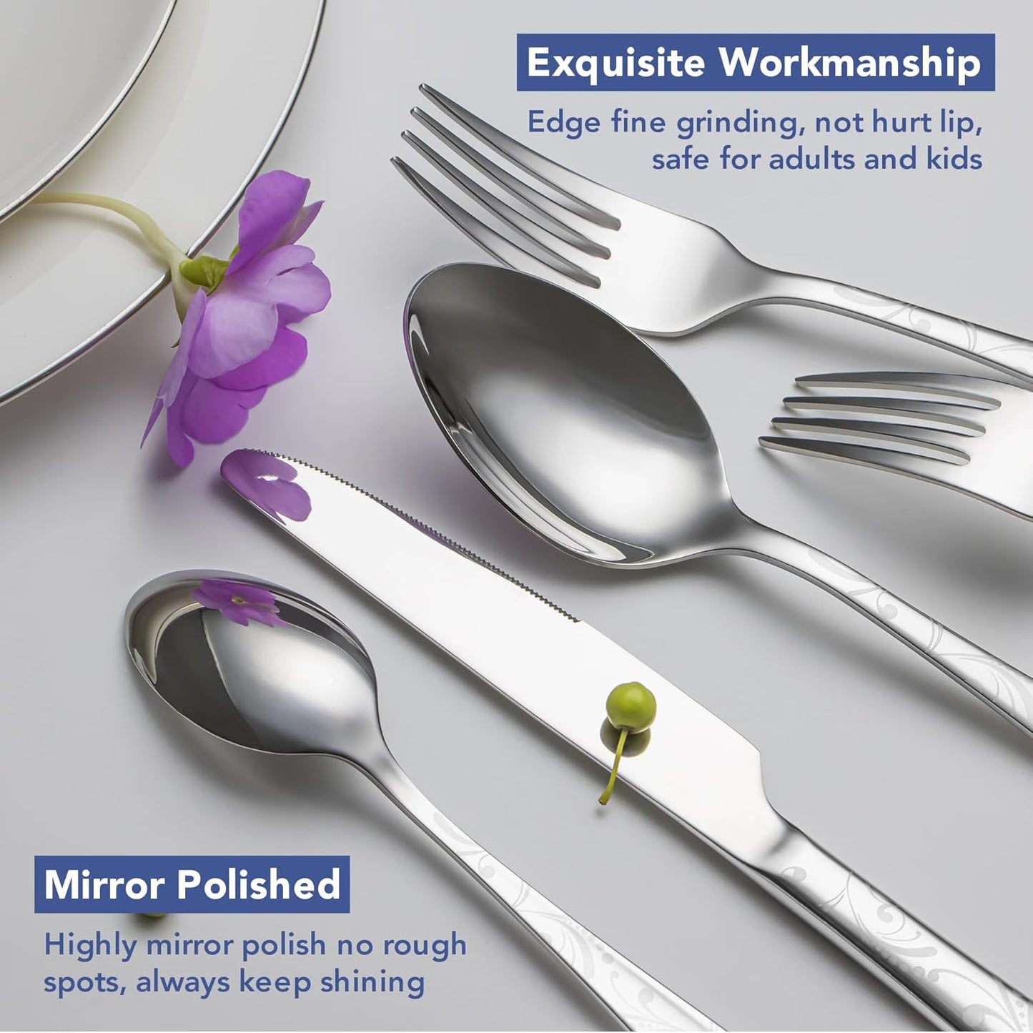 40 Piece Silverware Set Service for 8, EIUBUIE Premium Stainless Steel Cutlery Set, Mirror Polished Flatware Sets with Pattern Handle, Modern Kitchen Eating Utensils Sets Include Spoons Forks Knives