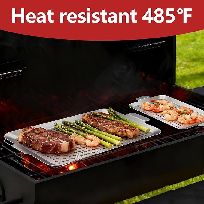 Grill Pan Set of 2, Grill Topper for Outdoor Grill, Stainless Steel Roasting Basket with Handles, Perforated Grill Tray for Smoker Roasting, Oven, BBQ Accessories (Small+Large)