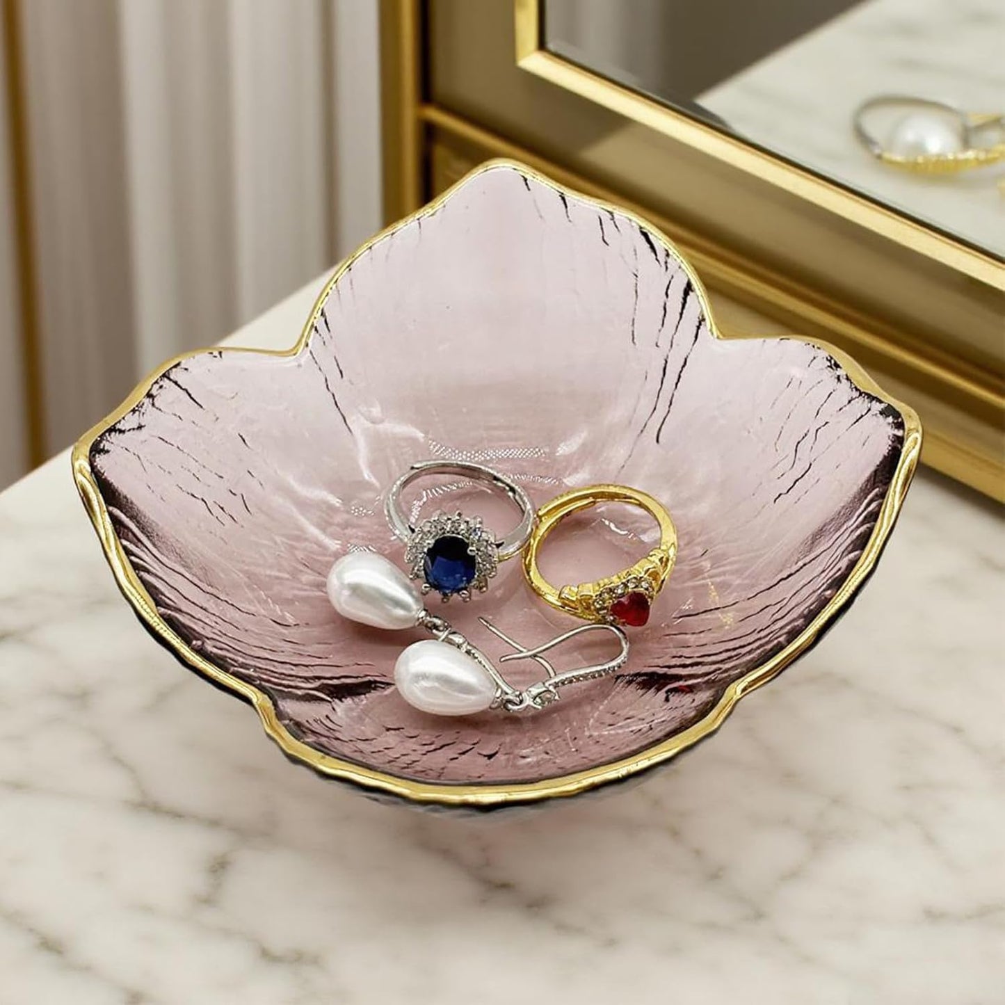 Small Flower Ring Dish Jewelry Tray, Pink Glass Jewelry Dish Tray, Nightstand Decor Jewlery Plate, Gifts for Mom, Crystal Ring Holder for Women, Bathroom Jewelry Bowl Trinket Tray Soap Dish
