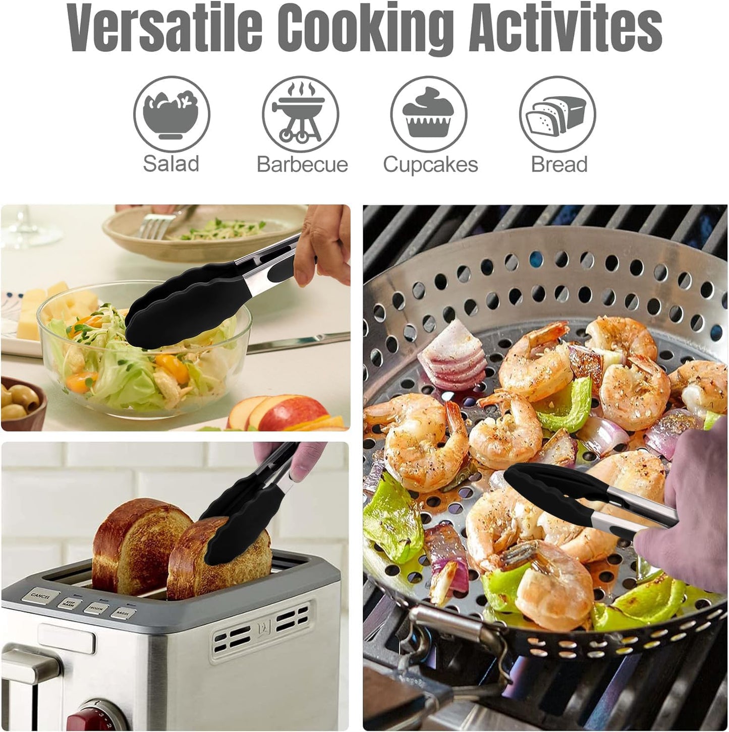 HOTEC Premium 7 & 9 Inch Kitchen Tongs, Stainless Steel Locking Cooking Tongs with Silicone Tips, Non-Scratch & Heat Resistant, Serving Tongs for Salad, BBQ, Black, Set of 2