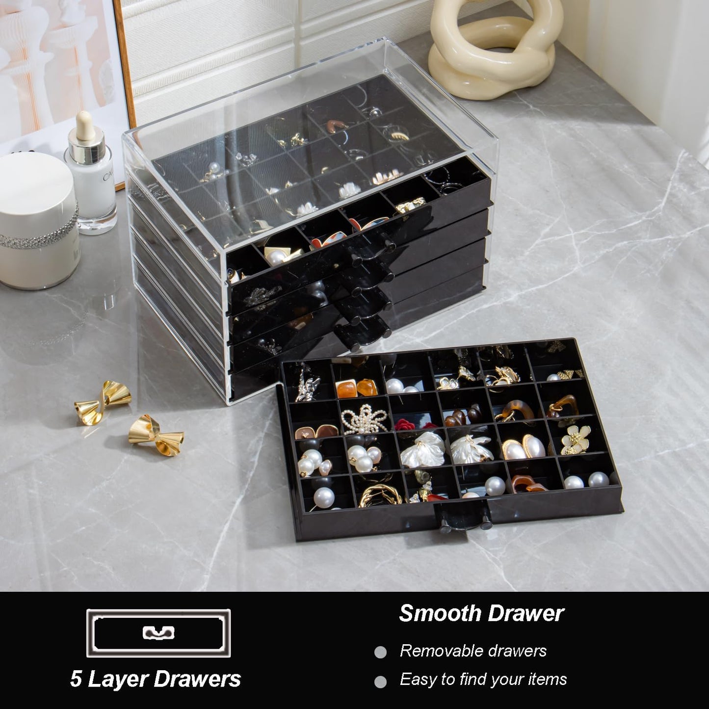 Earring Storage Box Organizer, Acrylic Jewelry Storage Box Holder 5 Drawers Transparent Jewelry Display Stand with 120 Small Compartments Gift Boxes for Women Girls (Black)