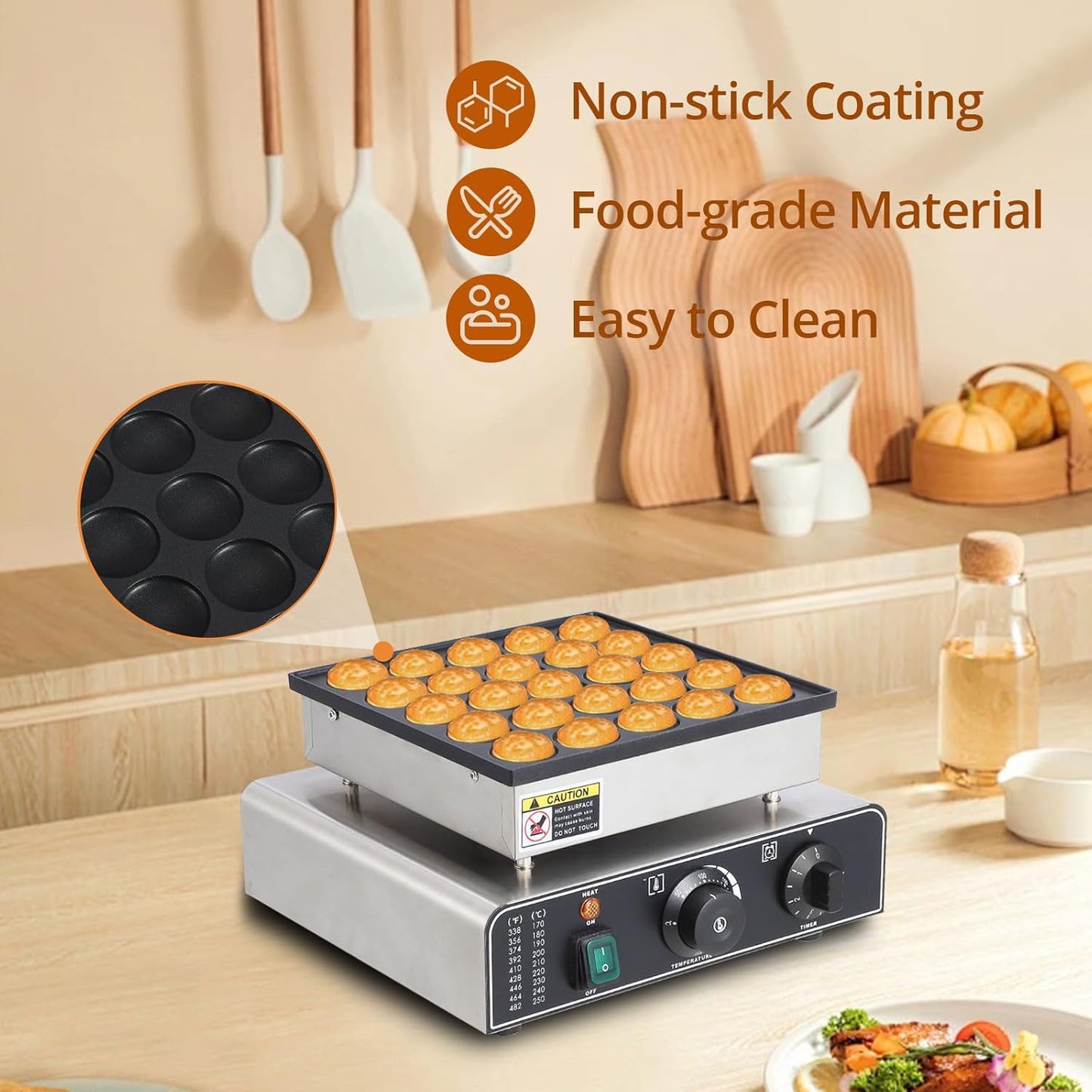 25PCS Mini Pancake Maker, 850W Non-Stick Dutch Poffertjes Grill, Stainless Steel, for Quick Breakfast, Snacks, Desserts, Home and Commercial Use