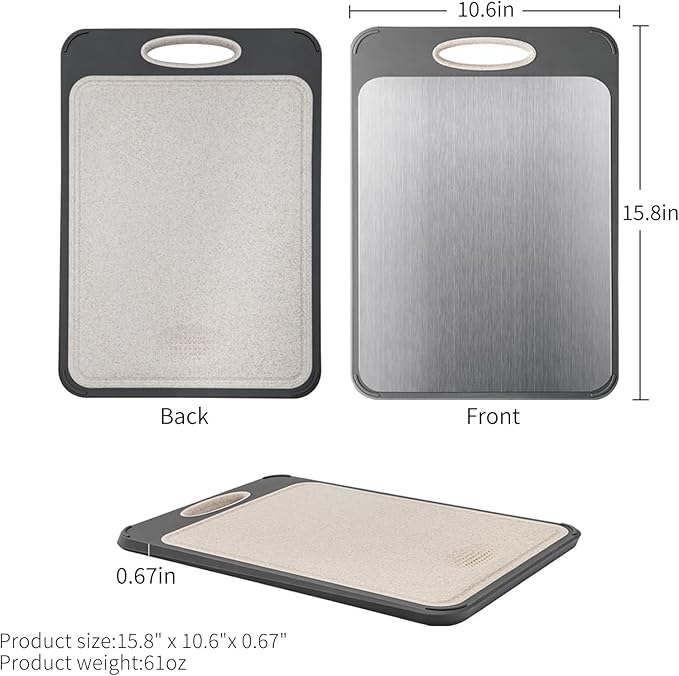 Large 16" x 11" Double-Sided 304 Stainless Steel Kitchen Cutting Board - Dishwasher Safe, BPA-Free; Ideal for Cutting Meats, Chicken, Fruits, and Vegetables - Perfect for Kitchen Use