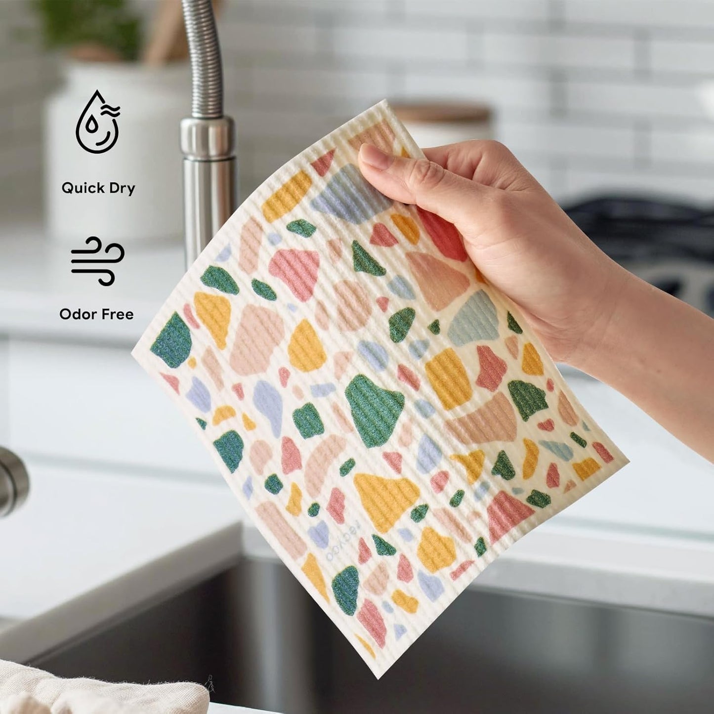 RECYCO Swedish Dishcloths for Kitchen | 5 Pack Urban Boho Terrazzo Washable Dish Rags | Cellulose Reusable Cleaning Paper Towels | Absorbent Counter Dish Cloth Sponge Kitchen Wipes, 8" L x 7" W