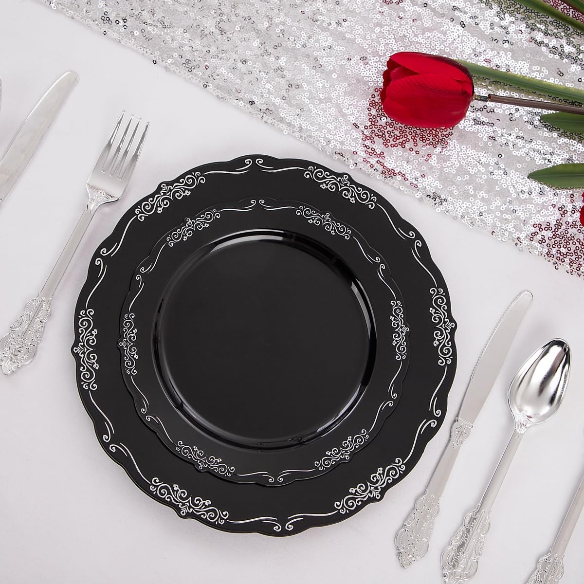 DaYammi 150 Pcs Black Silver Plastic Plates & Silver Plastic Silverware,Black silver Disposable plates for Include 30 Dinner Plate,30 Dessert Plate,30 Knives,30 Forks,30 Spoons for Halloween Party