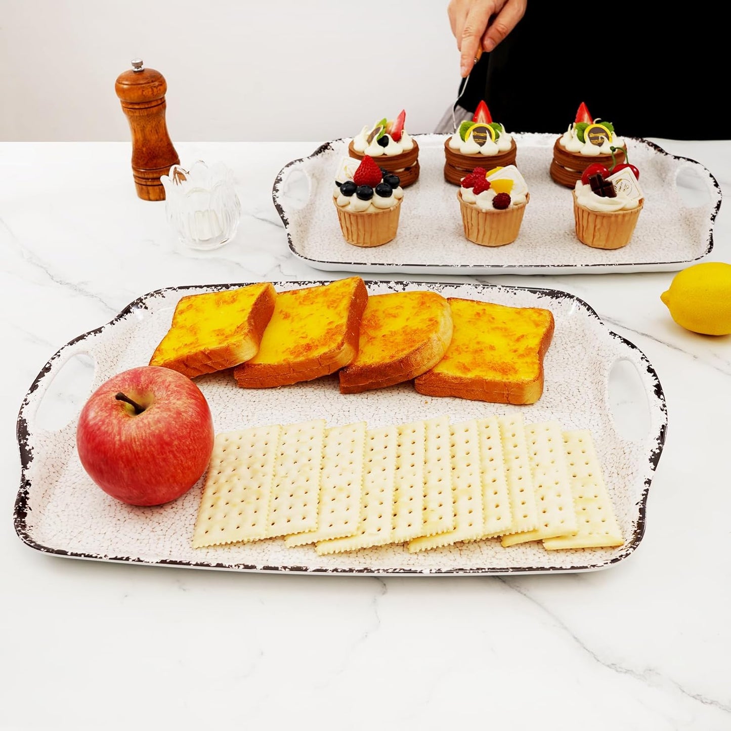 TP Serving Trays with Handles, 17 Inch Large Rectangular Melamine Serving Platter Set of 2, Rustic White