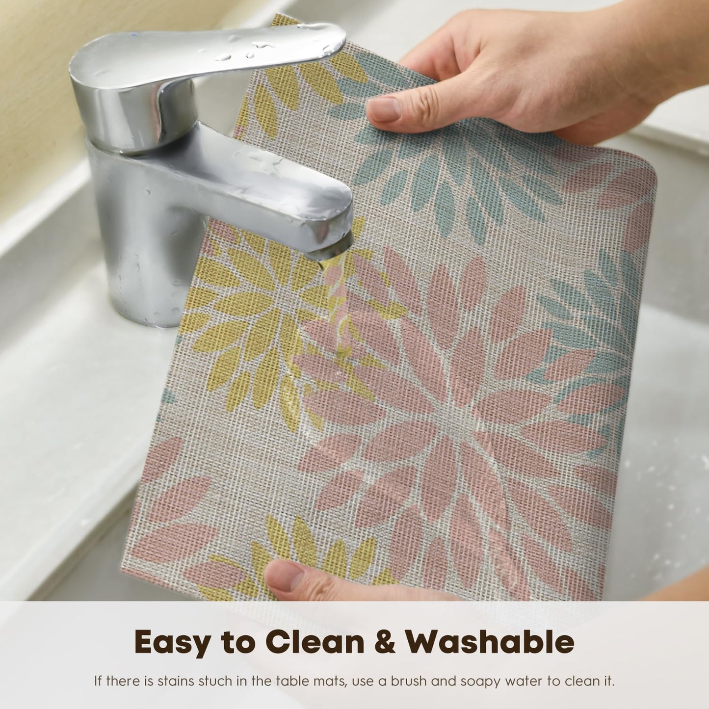 Artoid Mode Floral Vinyl Placemats Set of 4, 12x18 Inch Heat Resistant Washable Non-Slip Plistic PVC Place Mats for Party Kitchen Dining Decor, Pink Blue