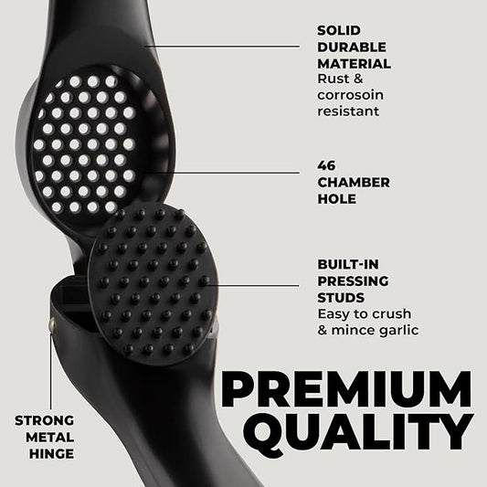 Zulay Kitchen Premium Garlic Press Set – Rust Proof & Dishwasher Safe Garlic Mincer Tool with Silicone Garlic Peeler & Brush, Easy Squeeze & Clean, Ergonomic Soft Grip Handle - Medium – Black