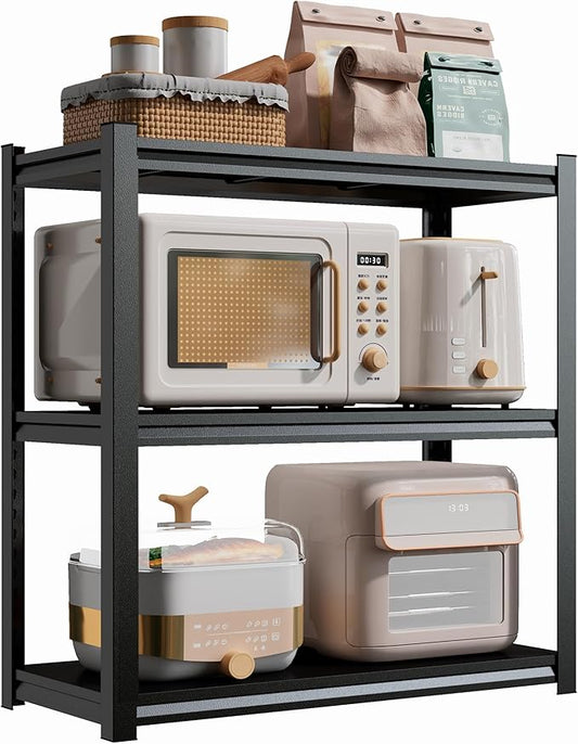 1500 LBS Heavy Duty Black Steel 3-Tier Kitchen Organizer - Waterproof, Adjustable, Multi-Functional Microwave/Oven Rack, Black